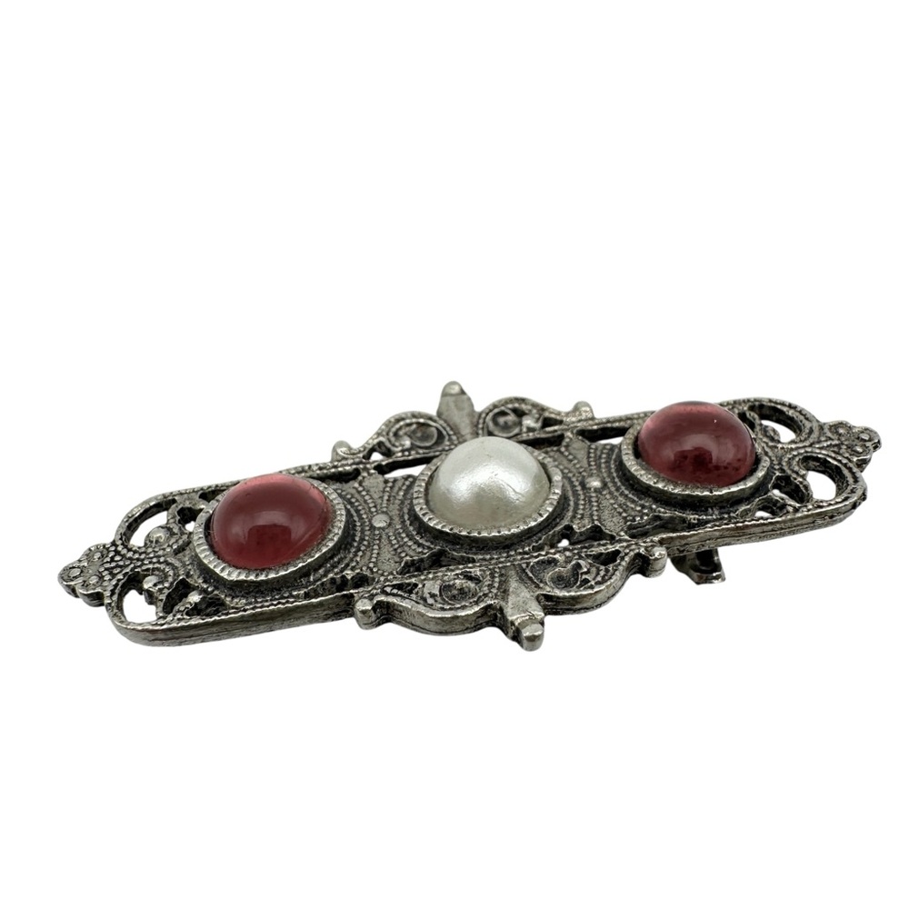 Victorian Cabochon Bar Brooch Pin Filigree Metalwork Vintage Art Nouveau Jewelry - Picture 3 of 4